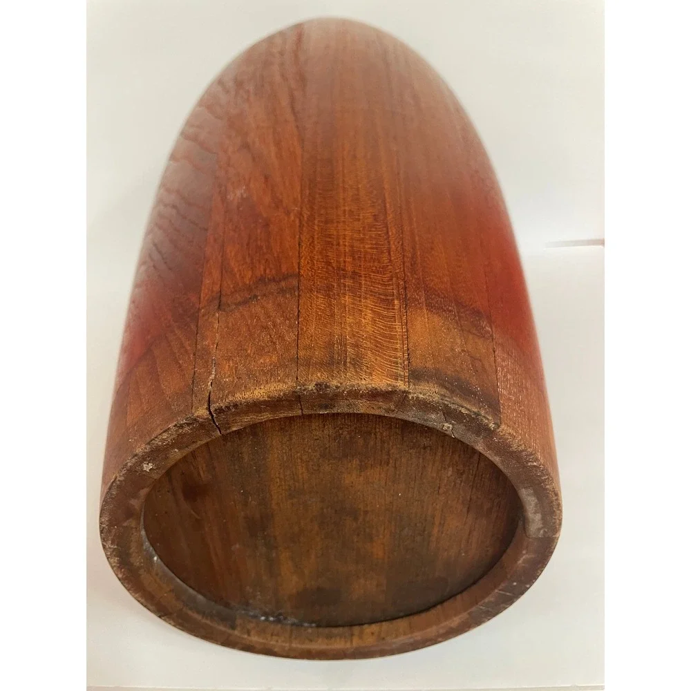 Vintage MCM Teak Wood Ice Bucket with Orange Liner Mid Century Modern Barware